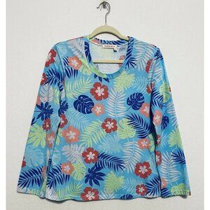 Fresh Produce Top Womens Medium Blue Tropical Print Long Sleeves Lightweight